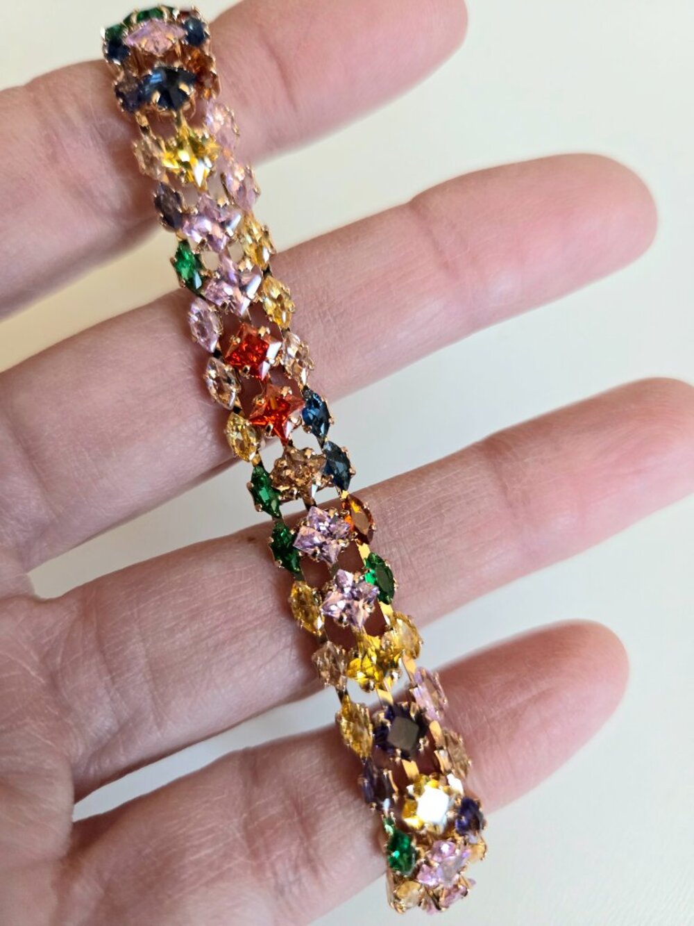 Gold tone tennis link bracelet with multicolored gems rhinestones crystals - Picture 6 of 6